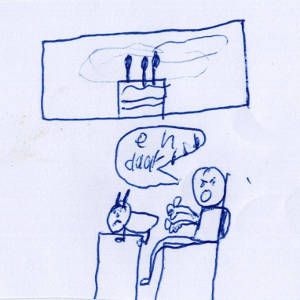 Tekening: Oma Beer legt iemand over de knie en zegt: “En daar!”