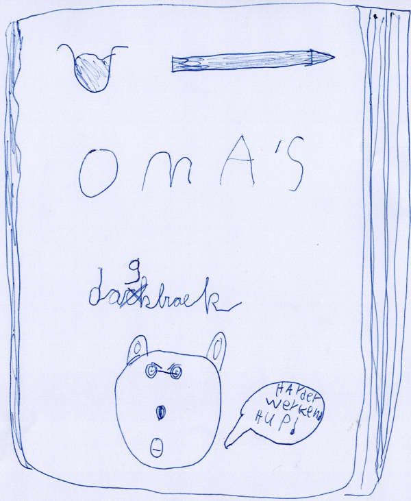 Tekening van Oma's dagboek, met Oma Beer die roept: “Harder werken, hup!”
