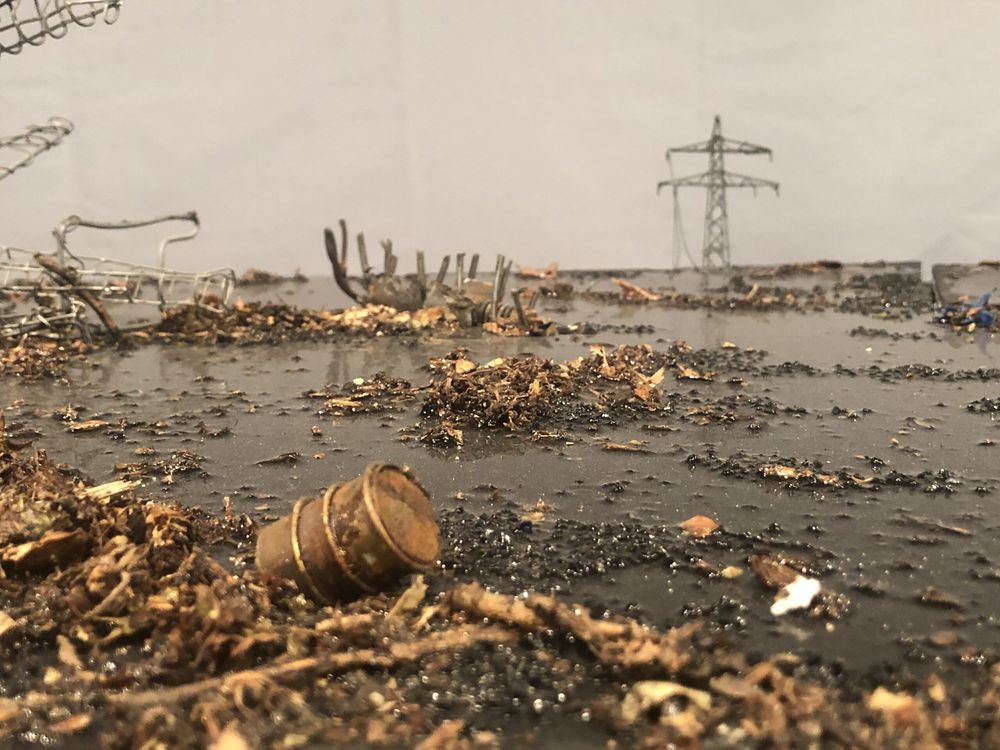 Miniatuurlandschap onder water: tussen het drijfvuil steken een hoogspanningsmast en een omgevallen ton uit het zwarte water.