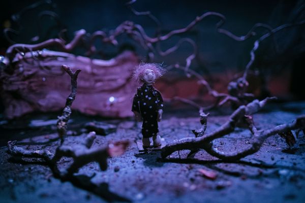 Nachtelijk miniatuurlandschap in blauw en lila: een klein poppetje in een gestippelde pyjama staat tussen kale twijgen en wortels.