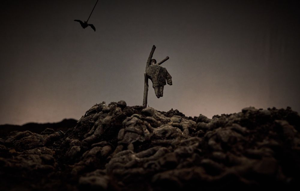 Silhouet in het schemerlicht: één soldaatje staat boven op een berg puin bij een scheve paal, hoog erboven vliegt een vogel.