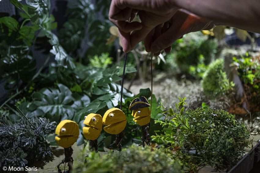 Een hand zet aan draadjes vier gele poppetjes met een grote mond neer in een decor van echte plantjes.