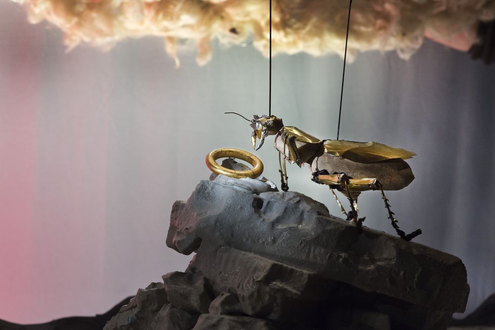 Een gouden bidsprinkhaan van papier staat op een rots waarop een gouden ring ligt, boven hem hangt een wolkendek.