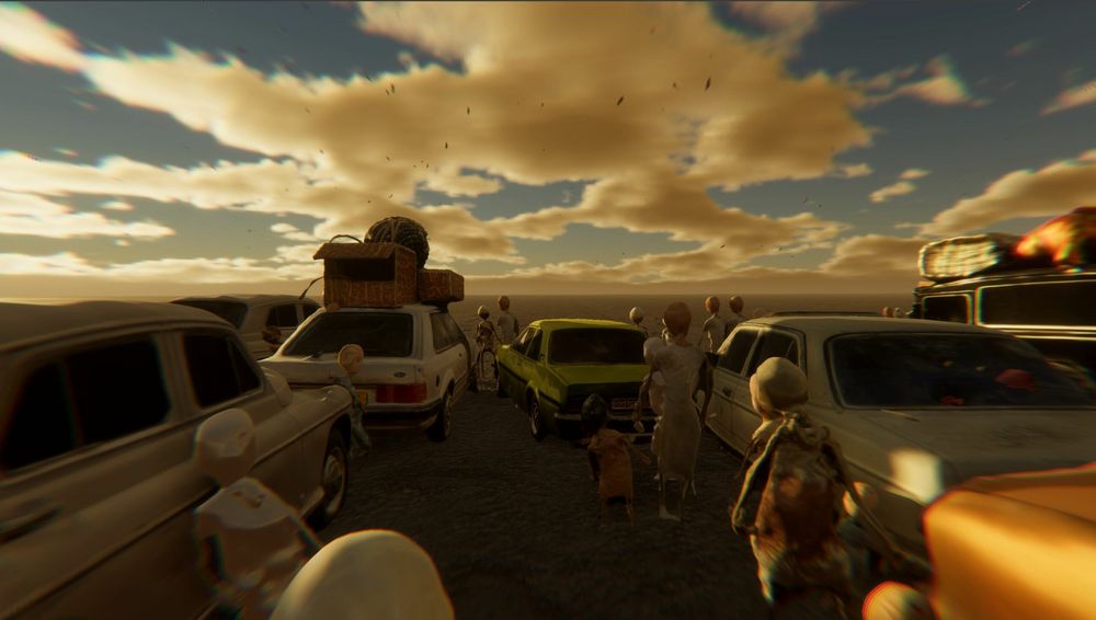 Beeld uit de virtualrealityvoorstelling: een file van auto's volgeladen met bagage, waartussen bleke figuren lopen onder een dramatische avondlucht.