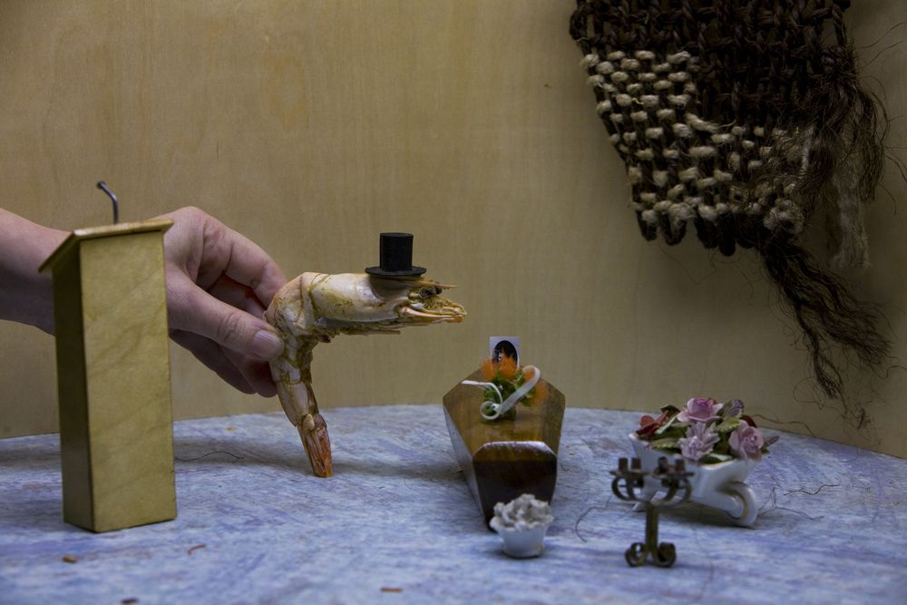 Een hand zet een garnaal met een hoge hoed naast een miniatuurkistje met een portretje, een kandelaar met bloemen en een kaars: een begrafenis in het klein.