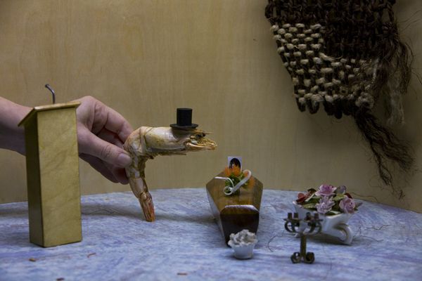 Een hand zet een garnaal met een hoge hoed naast een miniatuurkistje met een portretje, een kandelaar met bloemen en een kaars: een begrafenis in het klein.