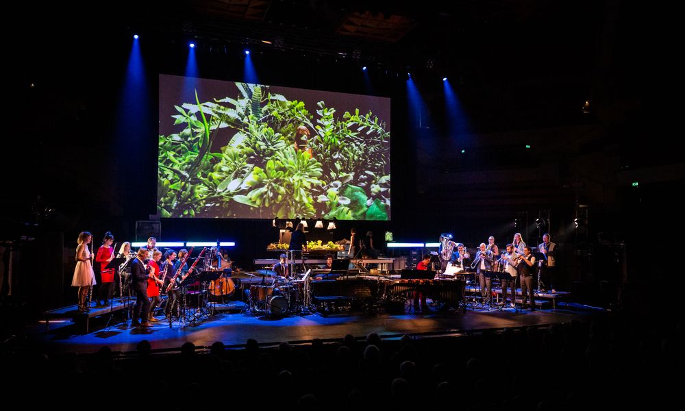 Concertzaal: een blazersensemble en slagwerkers spelen op het podium onder een groot scherm met een beeld van groene planten.