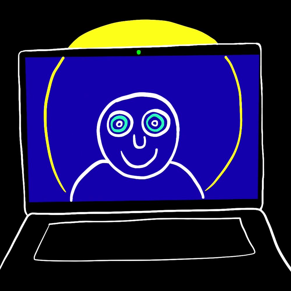 Tekening van een opengeklapte laptop waarop een lachend poppetje met grote ogen tegen een blauw scherm staat.