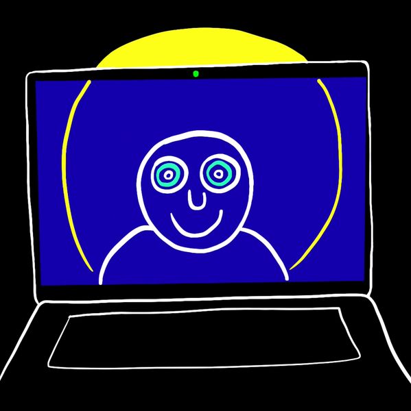 Tekening van een opengeklapte laptop waarop een lachend poppetje met grote ogen tegen een blauw scherm staat.